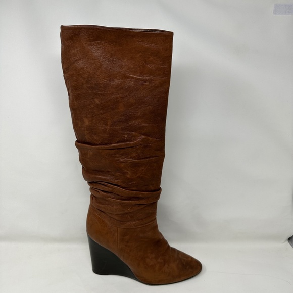 BCBG MaxAzria Brown Leather Pointed Toe Wedge Heel Knee High Tall Boots - Picture 3 of 6